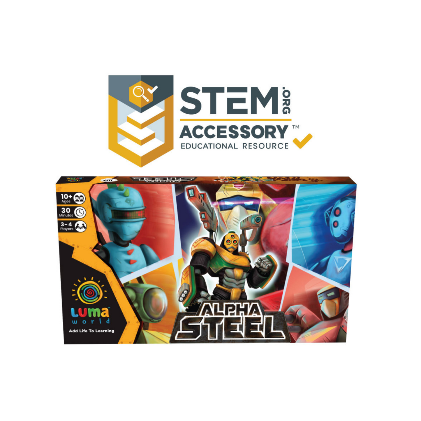 Alpha Steel STEM board game box for kids, showcasing strategy and math learning
