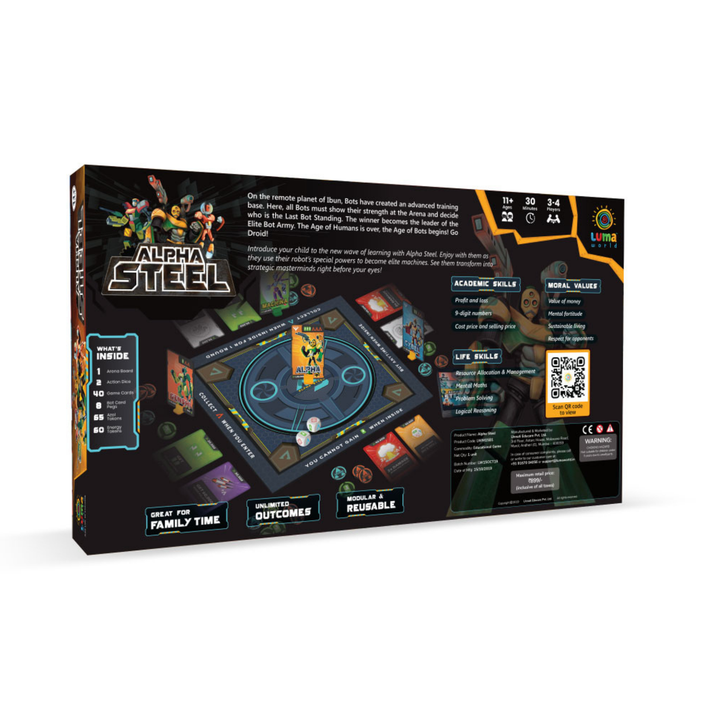 Complete view of Alpha Steel game components including board, dice, tokens, and cards.