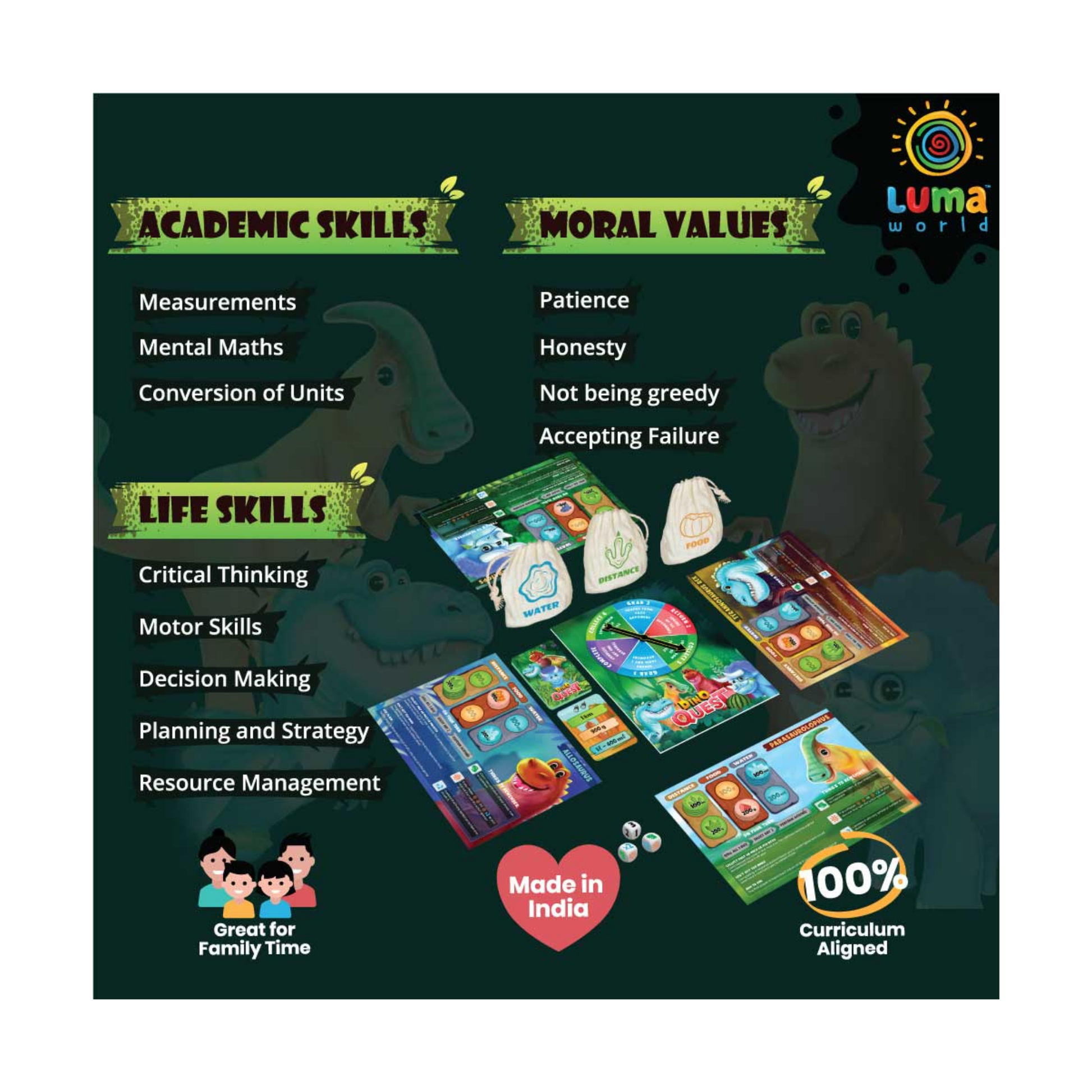 Back cover of Dino Quest board game detailing gameplay instructions and highlighting educational benefits such as measurement skills.