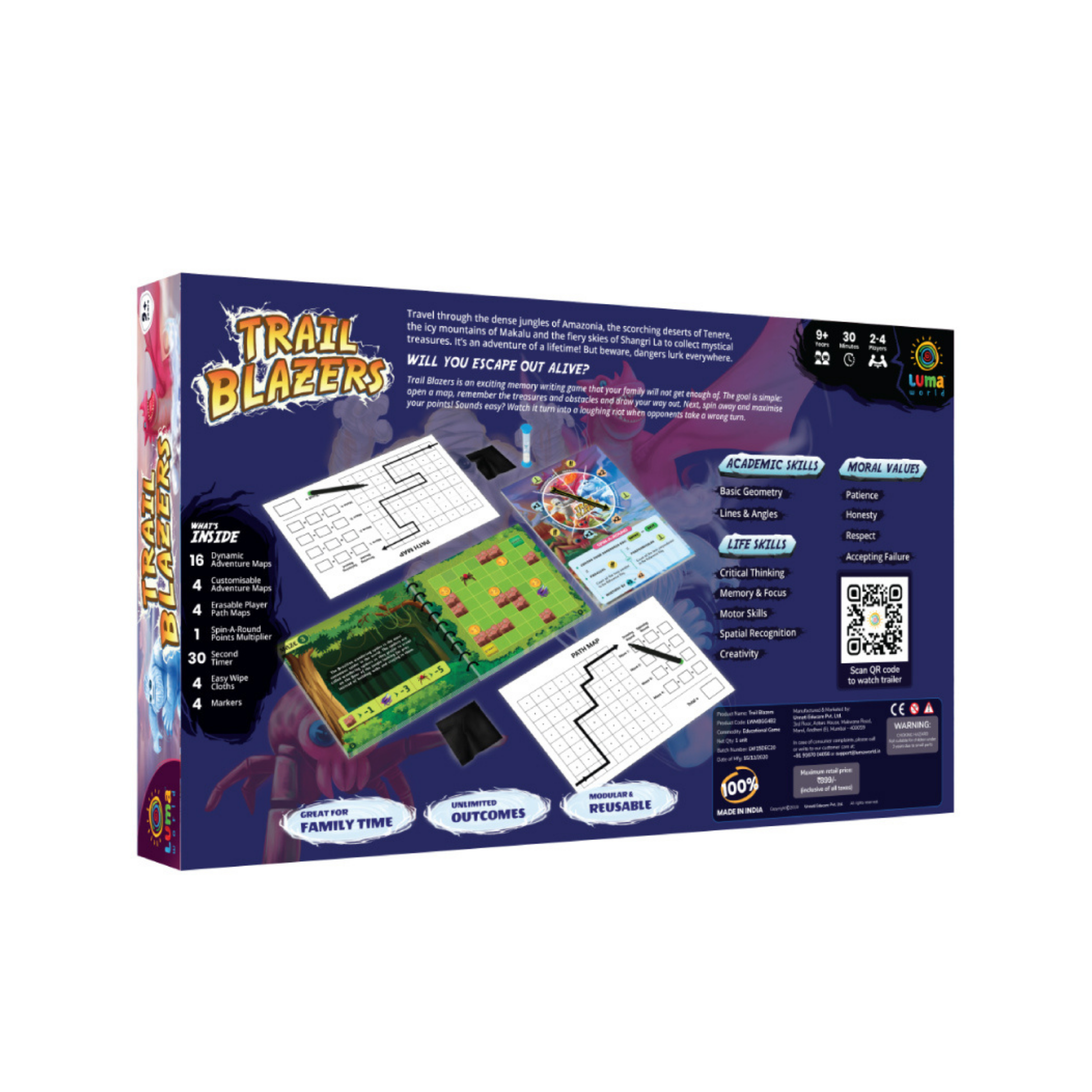 Back cover of Trail Blazers board game, showcasing an engaging memory and strategy game for kids age 9+