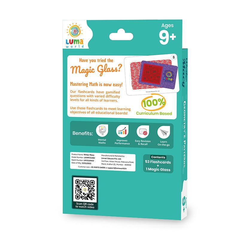 Back cover of Writer Macy Flashcards - Geometry & Patterns, featuring an interactive flashcard set for enhancing creativity, math skills, and engagement in young learners.