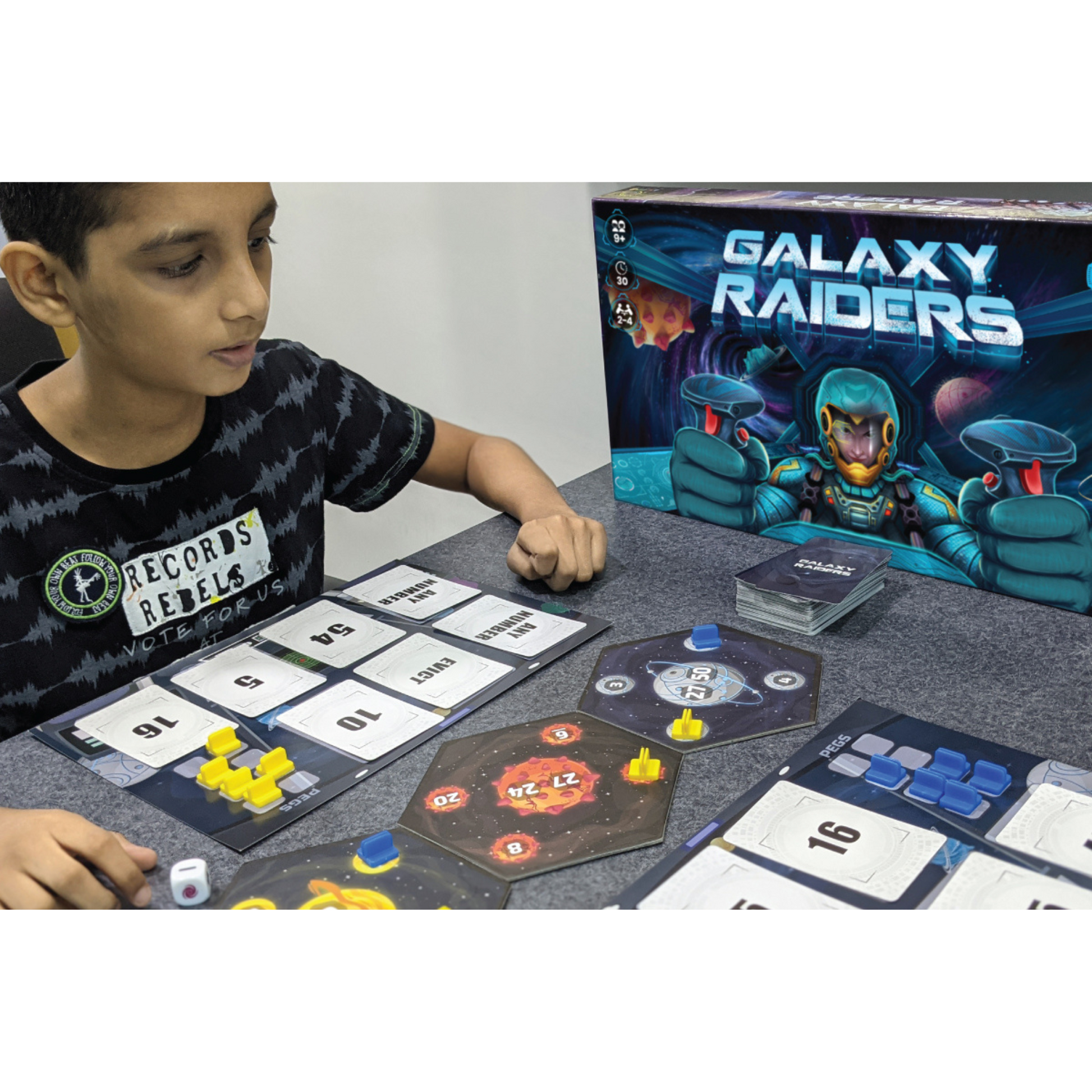 Children actively engaged in a game of Galaxy Raiders, enhancing their problem-solving and mental math skills.
