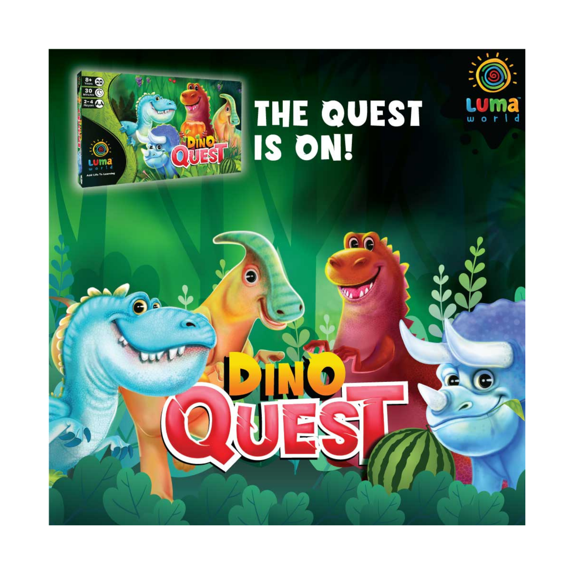 Dino Quest front cover displaying the main dinosaur characters, inviting children to embark on a resource collection adventure.