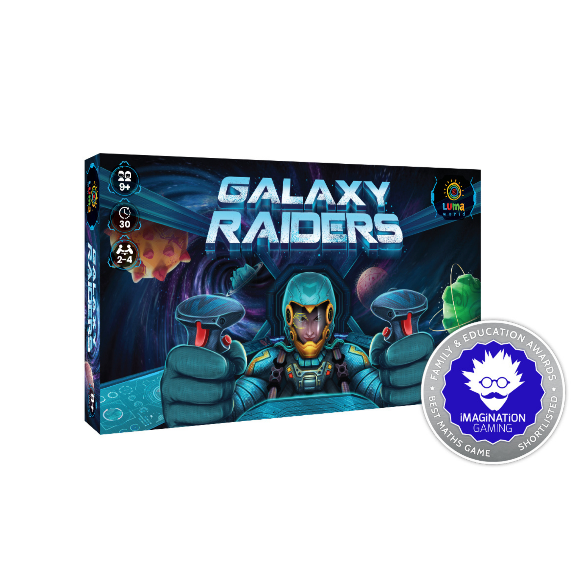 Front cover of Galaxy Raiders board game featuring vibrant outer space artwork, planets.
