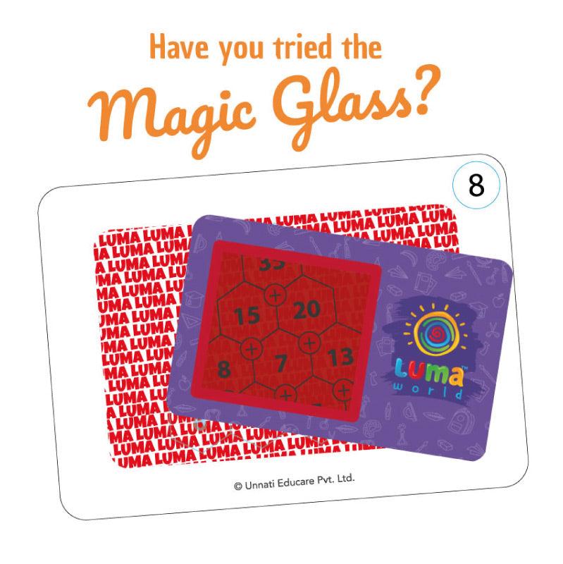 Writer Macy Flashcards with Magic Glass™ viewer, revealing hidden answers for a fun, treasure hunt-style learning experience in geometry and patterns.