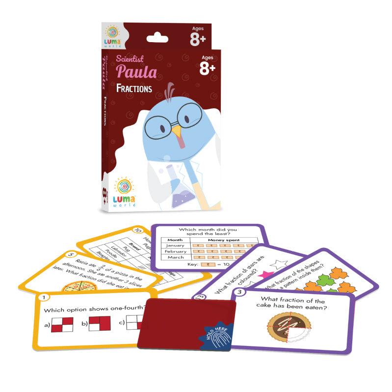 Illustrated flashcards from Scientist Paula set, covering key fraction concepts to strengthen math understanding for Grade 3 students.
