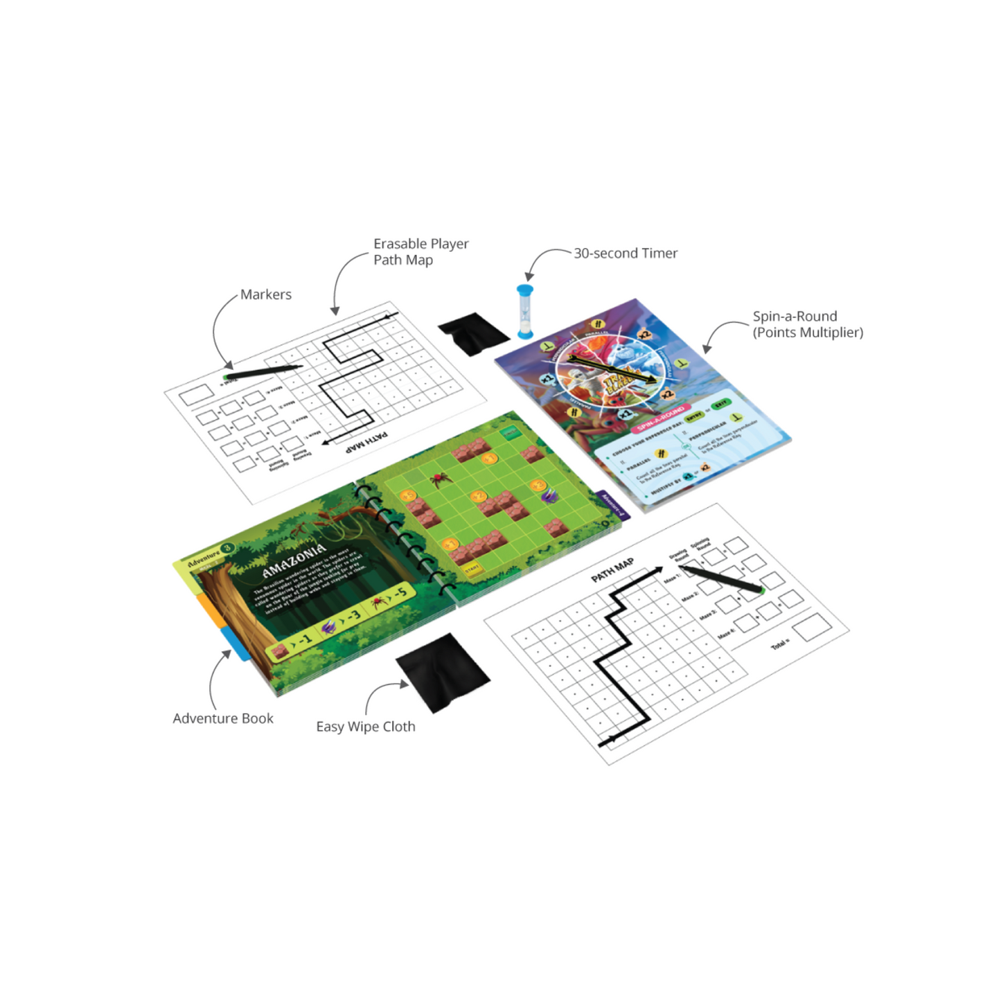 Trail Blazers Adventure Book featuring four unique adventure regions like Amazonia and Shangri-La, designed for memory and strategy learning.