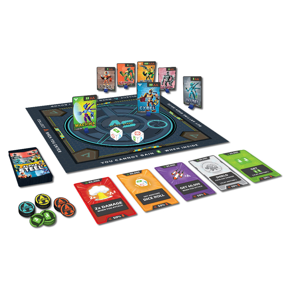 Two action dice for Alpha Steel board game enhancing math learning and strategy.