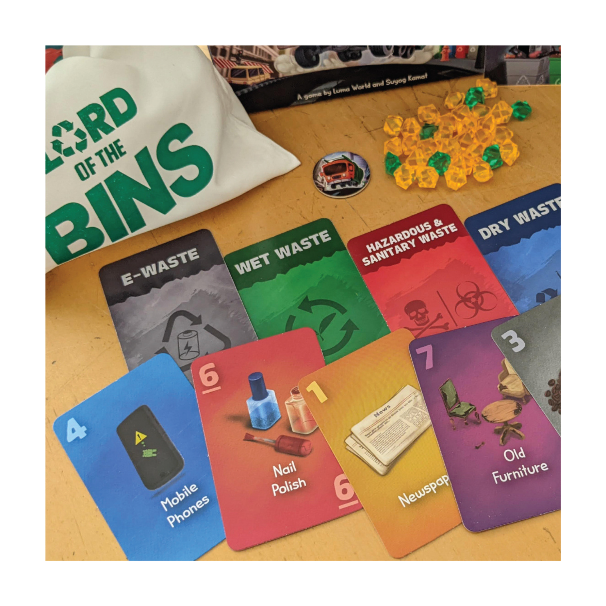 Collection of trash cards in different designs, representing various types of waste to be sorted.