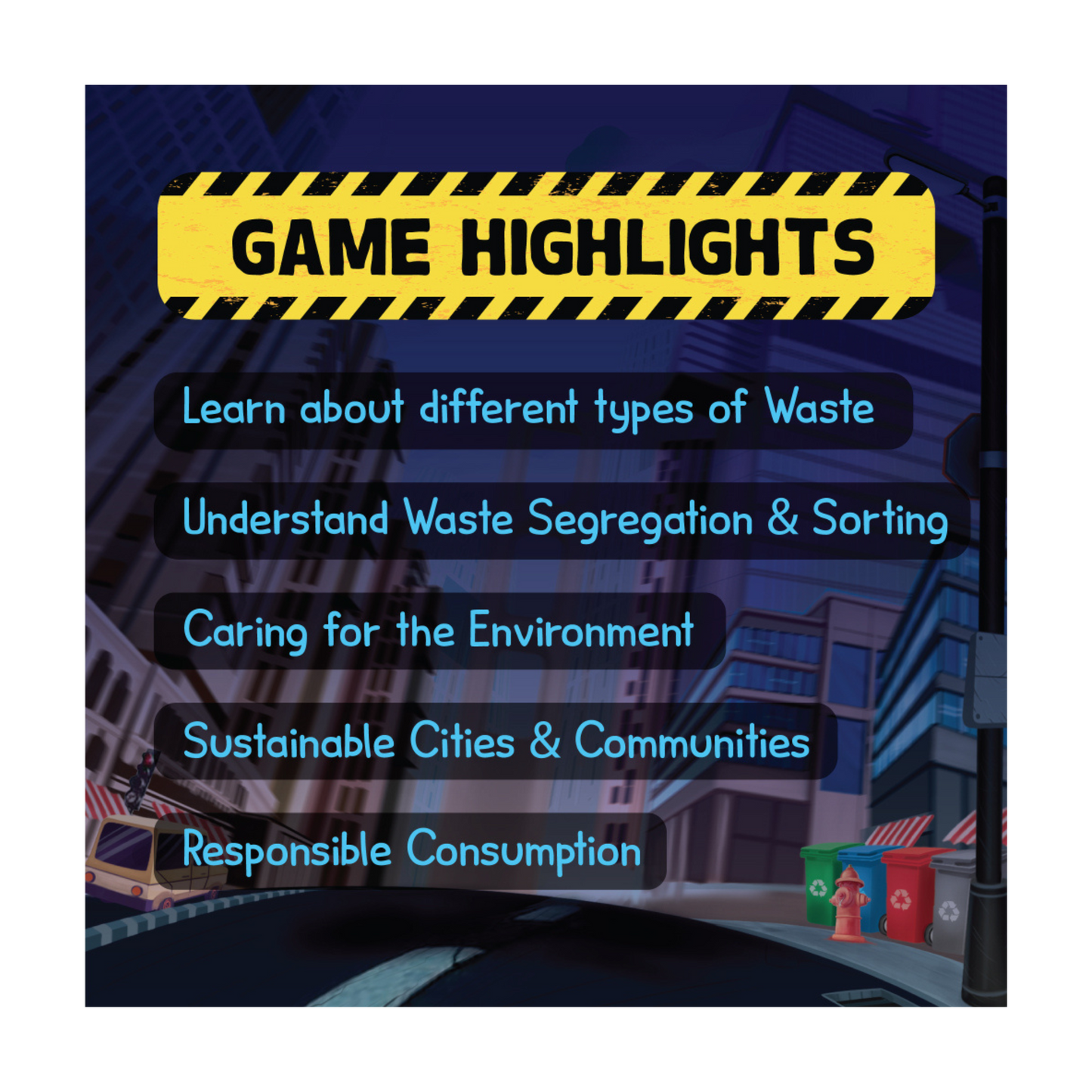 Components of Lord of the Bins including trash bin cards, trash cards, and gems, emphasizing eco-friendly gameplay.