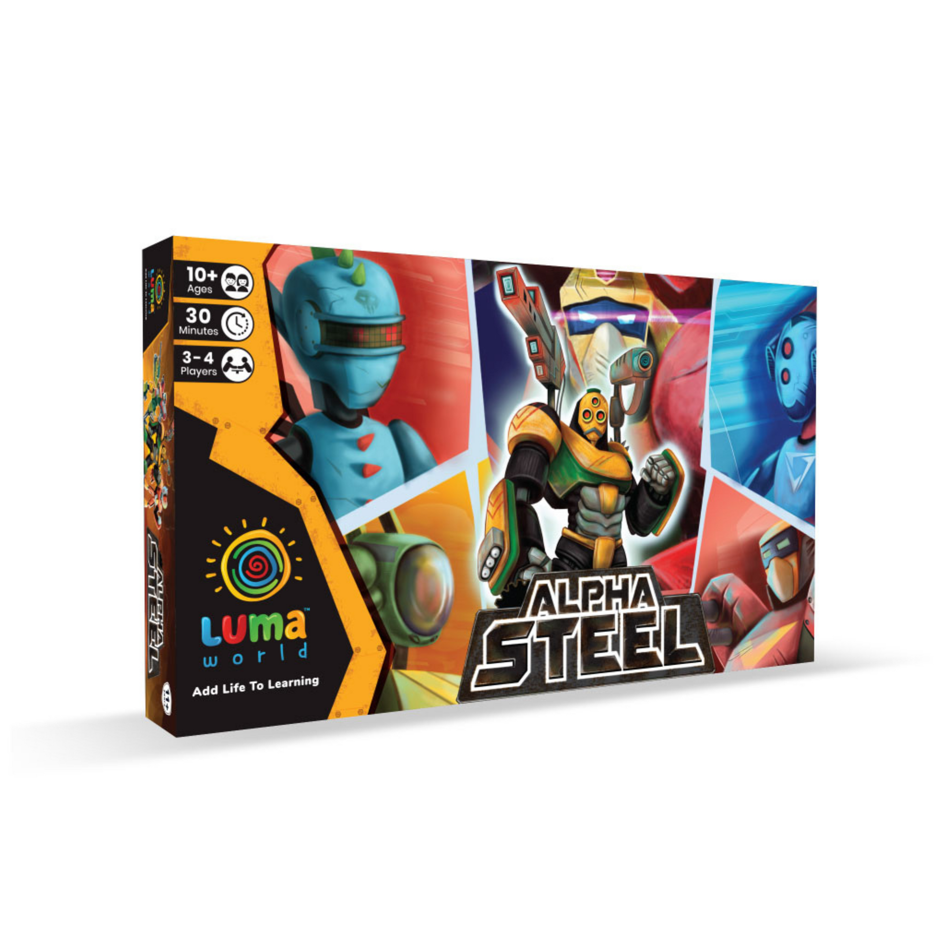 Robot character cards from Alpha Steel board game, enhancing strategy in kids.