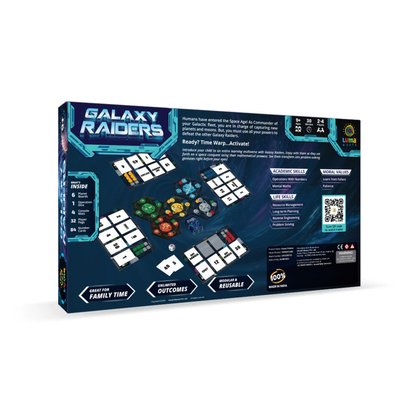 Back cover of Galaxy Raiders detailing gameplay features, educational benefits, and components included in the strategy board game.