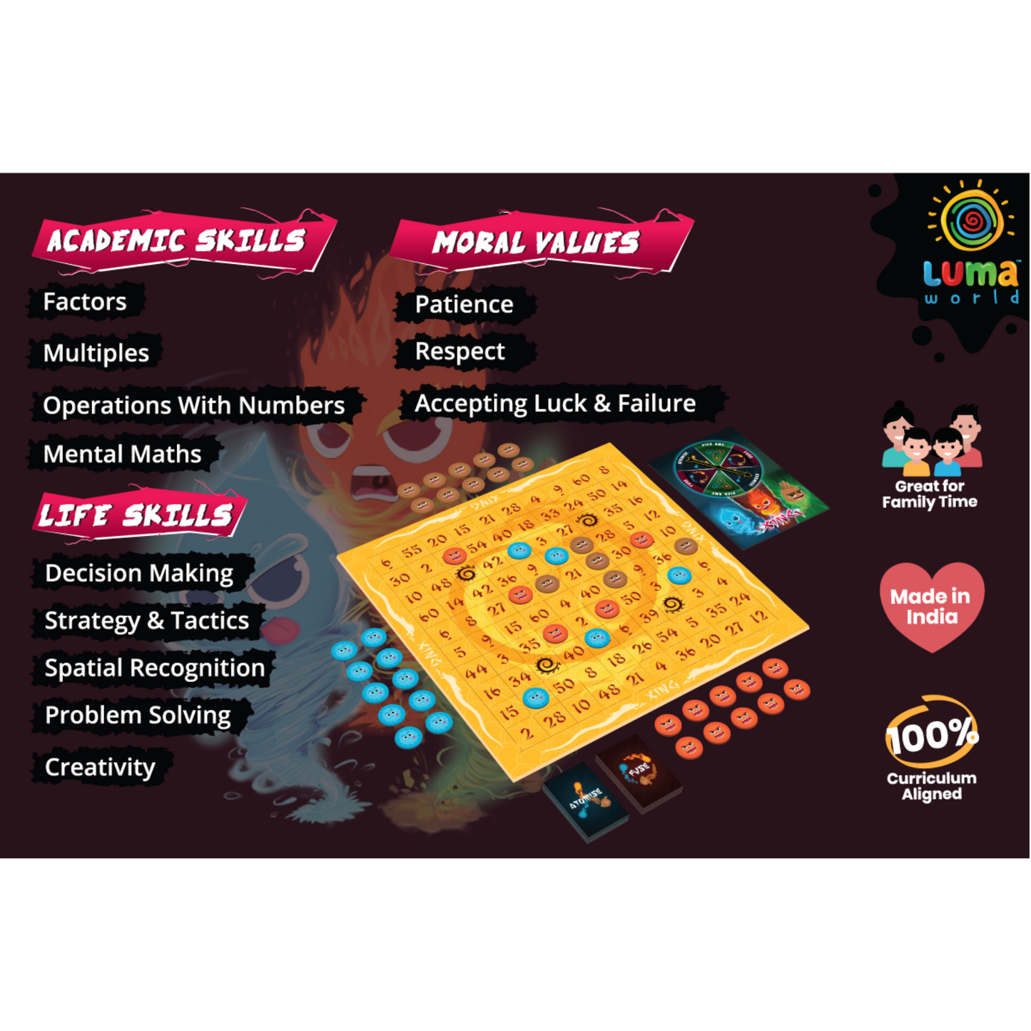 Back cover of Xíng board game, detailing the educational benefits and features of this strategy and math-focused game for children.