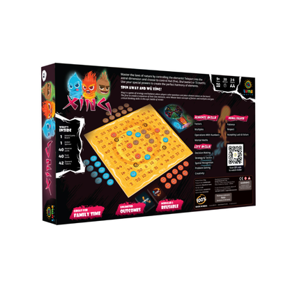 Back cover of Xíng board game, detailing the educational benefits and features of this strategy and math-focused game for children.