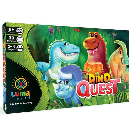 Dino Quest front cover showcasing the title and illustrations of various dinosaurs for kids aged 8+.