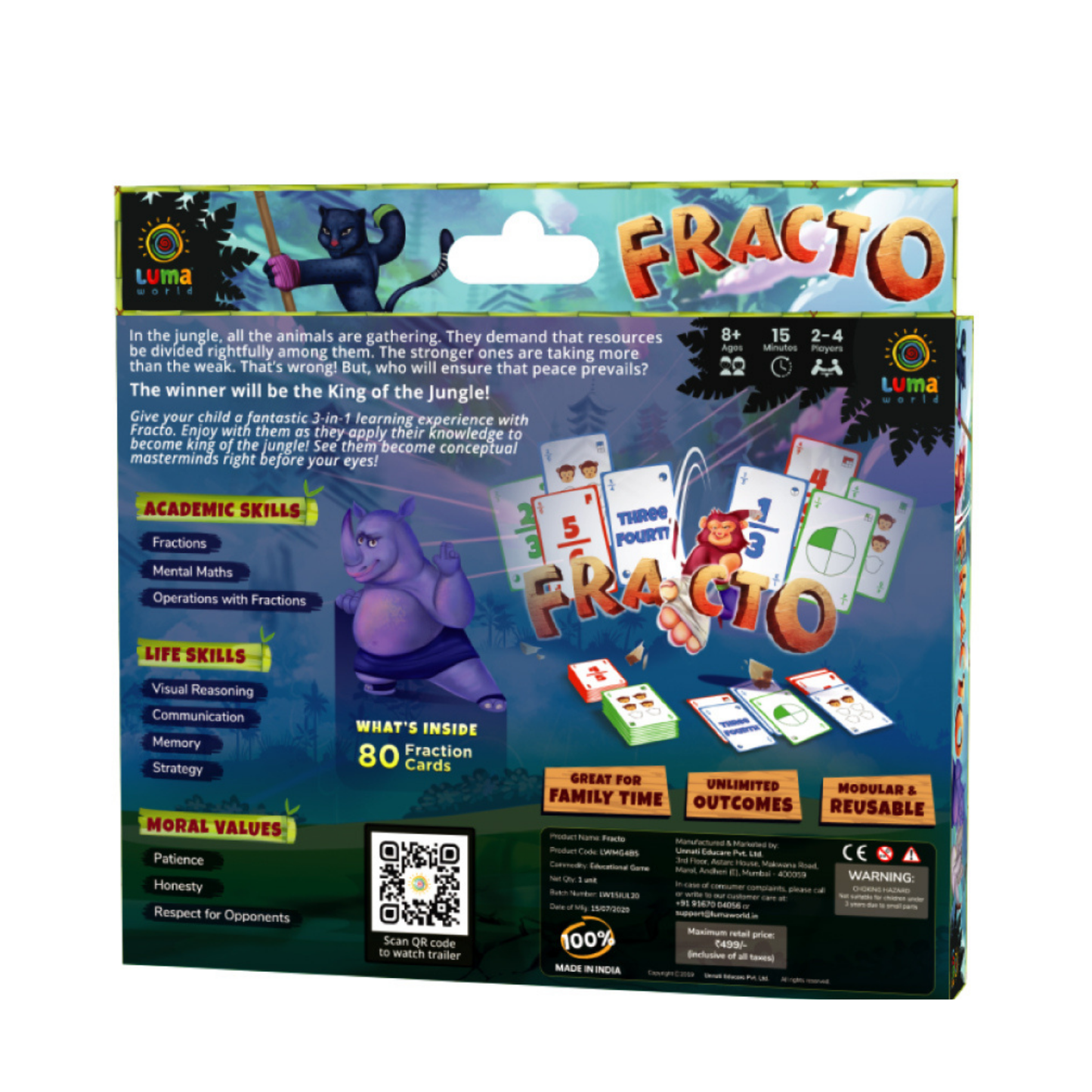 Back cover of Fracto card game outlining gameplay features, educational benefits, and highlights of moral values.