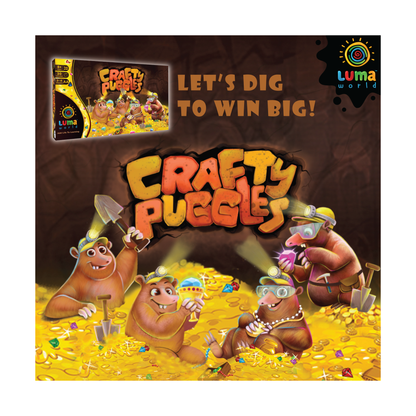 Front cover of Crafty Puggles board game featuring adorable puggles and vibrant colors, enticing kids to embark on a treasure hunt.