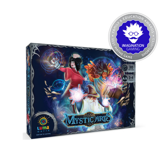 Front cover of Mystic Arts: A Magical Card Game for ages 10+, featuring mystical designs and fantasy themes.