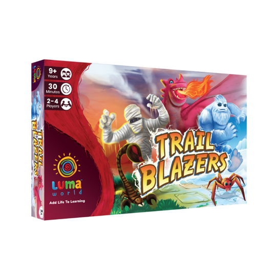 Front cover of Trail Blazers board game, a memory and strategy adventure for kids age 9+, enhancing geometry and creative skills.