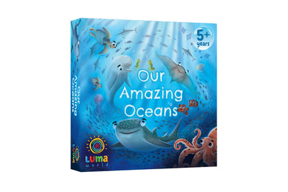 Front cover of Our Amazing Oceans: 4-in-1 Activity Kit, featuring underwater illustrations and ocean exploration theme for ages 5+