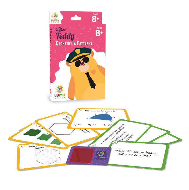 Back cover of Officer Teddy Flashcards, showcasing educational benefits and alignment with 3rd standard geometry and pattern concepts.