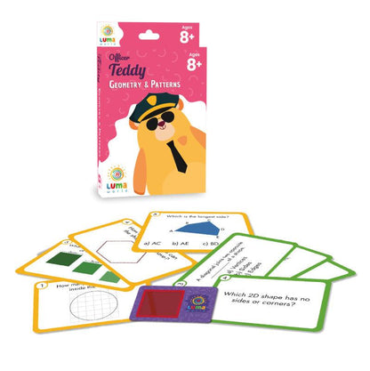 Back cover of Officer Teddy Flashcards, showcasing educational benefits and alignment with 3rd standard geometry and pattern concepts.