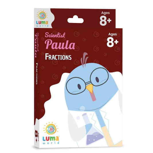 Scientist Paula Flashcards front cover, featuring fun fractions and math learning for kids age 8+, with interactive Magic Glass™ for hidden answer reveals.