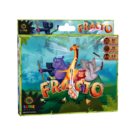 Front cover of Fracto: A 3-in-1 Card Game featuring jungle animals, engaging graphics, and educational themes for learning fractions.