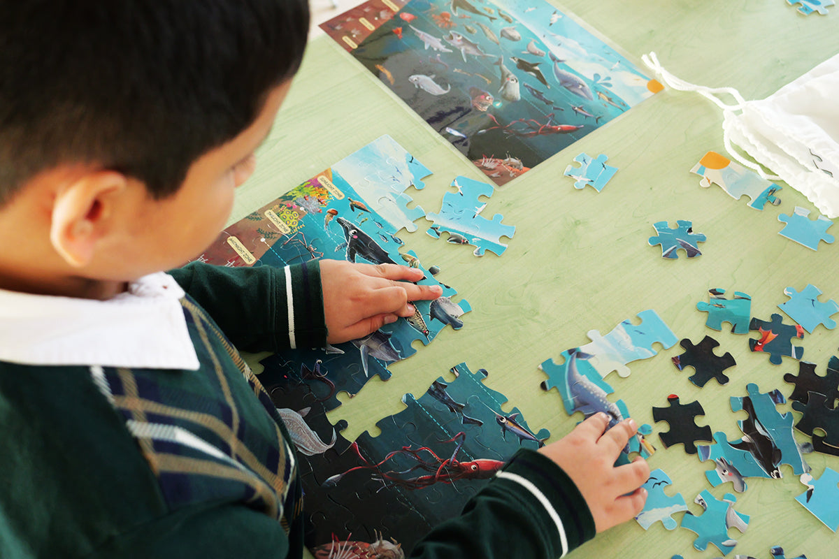 Child completing ocean puzzle from Our Amazing Oceans kit, engaging with marine habitats and learning through hands-on play.